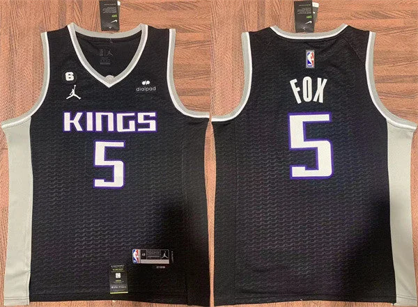 Basketball Jersey Lightweight Fit-Men's Sacramento Kings #5 De'Aaron Fox Black No.6 Patch Stitched Basketball Jersey