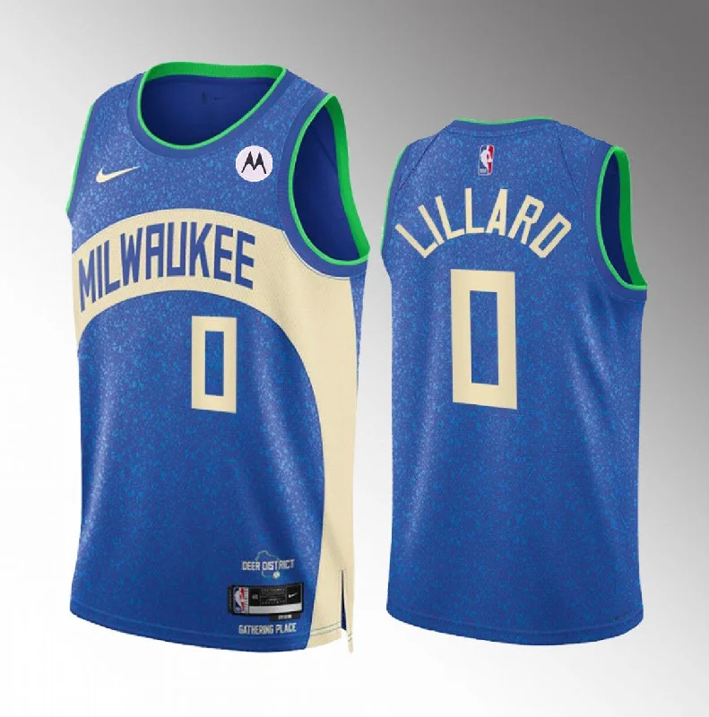 Basketball Jersey Gym-Ready-Men's Milwaukee Bucks #0 Damian Lillard Blue 2023/24 City Edition Stitched Basketball Basketball Jersey