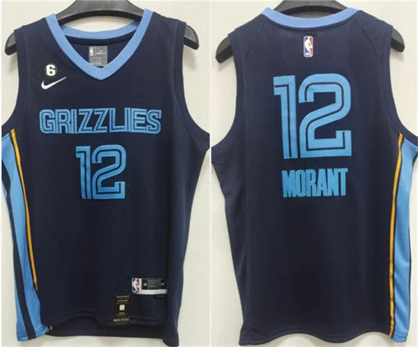 Basketball Jersey For School Teams-Men's Memphis Grizzlies #12 Ja Morant Navy With NO.6 Patch Stitched Basketball Jersey