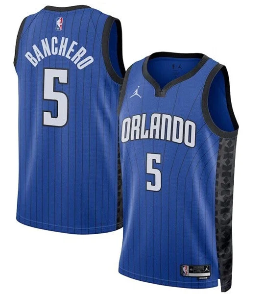 Basketball Jersey Great For Travel-Men's Orlando Magic #5 Paolo Banchero Blue Stitched Basketball Basketball Jersey