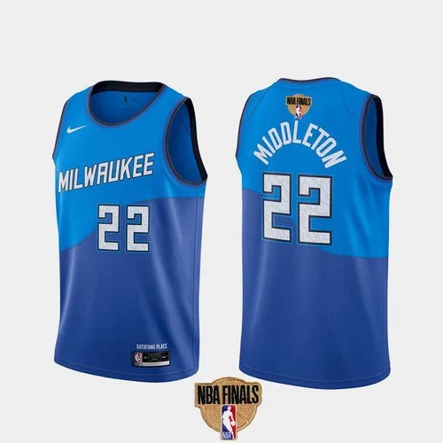 Basketball Jersey Sustainable Fabric-Men's Milwaukee Bucks #22 Khris Middleton 2021 Finals Blue City Edition Stitched Basketball Jersey