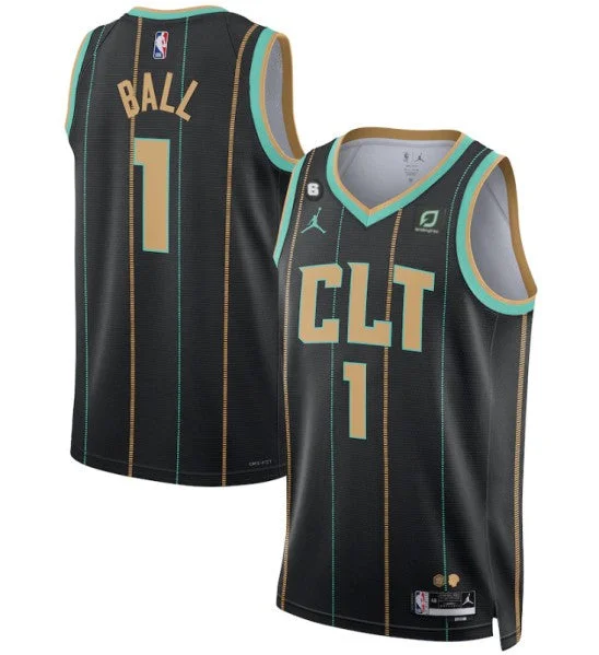 Basketball Jersey Long Lasting-Men's Charlotte Hornets #1 LaMelo Ball Black 2022/23 City Edition No.6 Patch Stitched Basketball Jersey