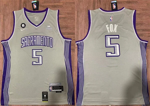 Basketball Jersey Eco-Friendly-Men's Sacramento Kings #5 De'Aaron Fox Gray No.6 Patch Stitched Basketball Jersey