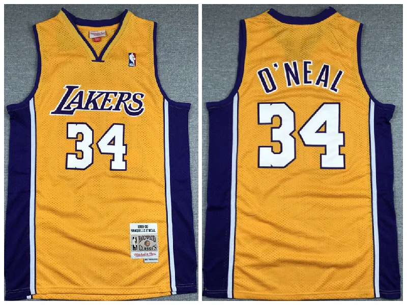 Basketball Jersey Sleeveless Comfort-Men's Los Angeles Lakers #34 Shaquille O'Neal Gold 1999-00 Throwback Stitched Basketball Jersey