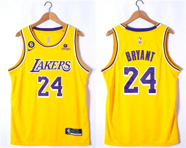 Basketball Jersey With Side Pockets-Men's Los Angeles Lakers #24 Kobe Bryant Yellow With NO.6 Patch Stitched Basketball Basketball Jersey