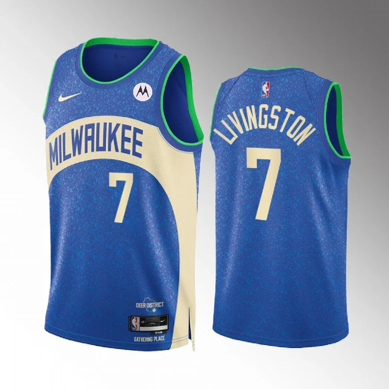 Basketball Jersey Glow In The Dark-Men's Milwaukee Bucks #7 Chris Livingston Blue 2023/24 City Edition Stitched Basketball Basketball Jersey