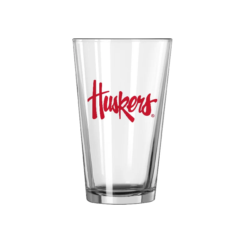 Team Mug Bulk Personalized-Nebraska Huskers 16oz Cursive Script Pint Glass