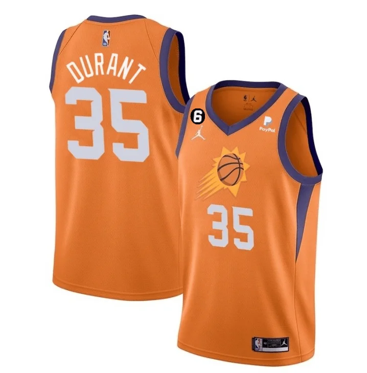 Basketball Jersey Metallic Finish-Men's Phoenix Suns #35 Kevin Durant Orange With NO.6 Patch Statement Edition Stitched Basketball Basketball Jersey