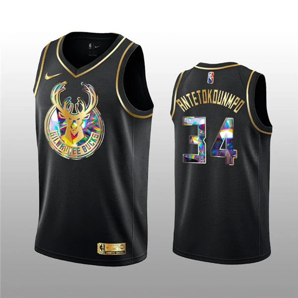 Basketball Jersey For Pickup Games-Men's Milwaukee Bucks #34 Giannis Antetokounmpo 2021/22 Black Golden Edition 75th Anniversary Diamond Logo Stitched Basketball Basketball Jersey