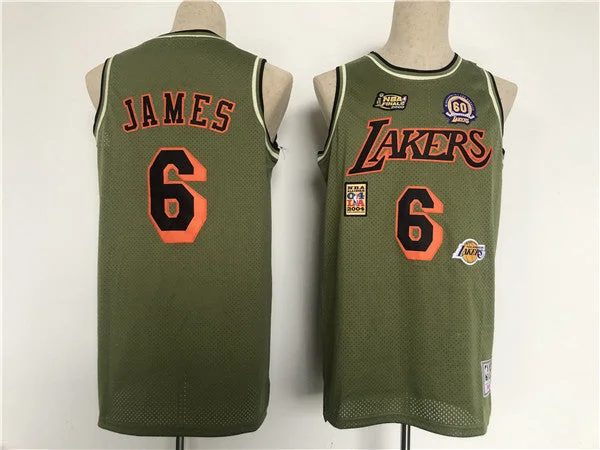 Basketball Jersey Hip Hop Style-Men's Los Angeles Lakers #6 LeBron James Green Military Flight Patchs Stitched Basketball Basketball Jersey