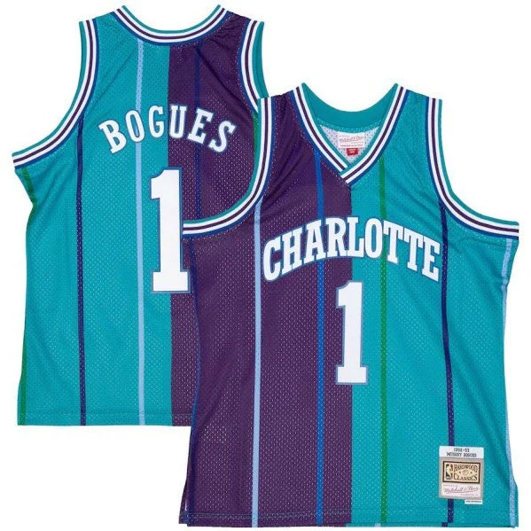 Basketball Jersey Hip Hop Style-Men's Charlotte Hornets #1 Muggsy Bogues Split Teal/Purple 1992-93 Mitchell & Ness Swingman Stitched Basketball Jersey