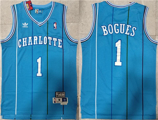 Basketball Jersey Perfect Fit-Men's Charlotte Hornets #1 Muggsy Bogues Blue Mitchell & Ness Throwback Stitched Basketball Jersey