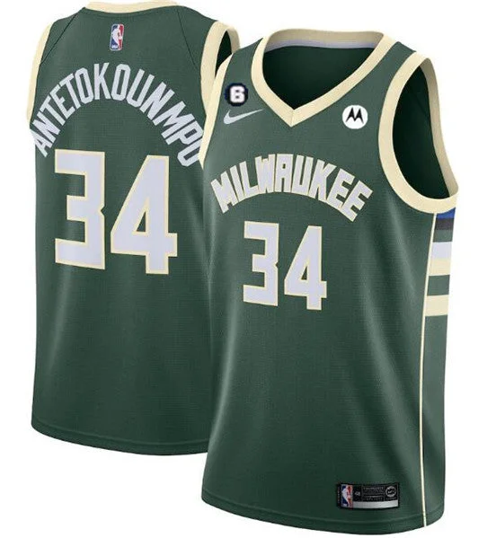 Basketball Jersey Great For Training-Men's Milwaukee Bucks #34 Giannis Antetokounmpo Green With No.6 Patch Stitched Basketball Basketball Jersey