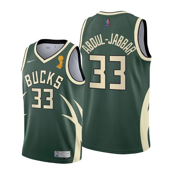 Basketball Jersey With Side Pockets-Men's Milwaukee Bucks #33 Kareem Abdul-Jabbar 2021 Green Finals Champions Stitched Basketball Basketball Jersey