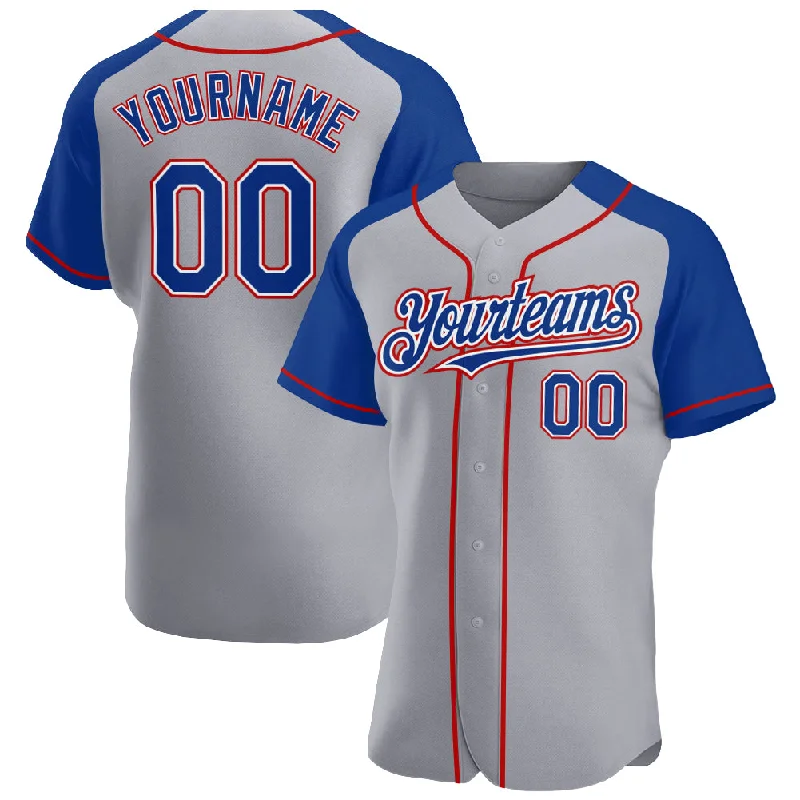 Custom Gray Royal-Red Authentic Raglan Sleeves Baseball Jersey