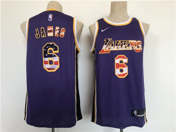 Basketball Jersey Inspired By NBA-Men's Los Angeles Lakers #6 LeBron James Purple USA Flag Stitched Basketball Basketball Jersey