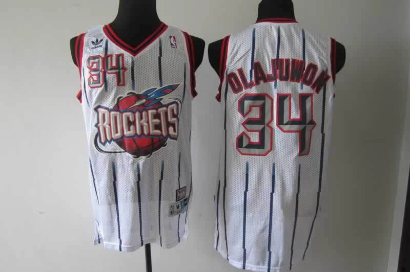 Basketball Jersey Soft Touch Material-Rockets 34 Olajuwon White black stripe Basketball Jerseys