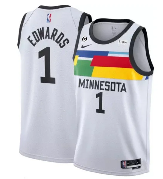 Basketball Jersey Great For Training-Men's Minnesota Timberwolves #1 Anthony Edwards White 2022/23 City Edition With NO.6 Patch Stitched Basketball Jersey