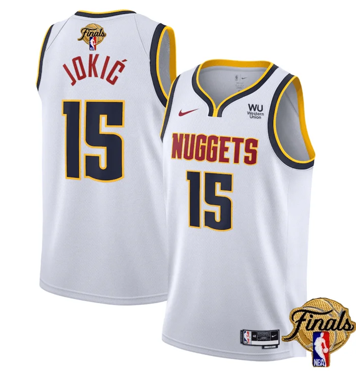 Basketball Jersey For School Teams-Men's Denver Nuggets #15 Nikola Jokic White 2023 Finals Association Edition Stitched Basketball Basketball Jersey