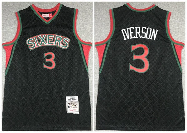 Basketball Jersey With Ribbed Trim-Men's Philadelphia 76ers #3 Allen Iverson Black Throwback Stitched Basketball Jersey