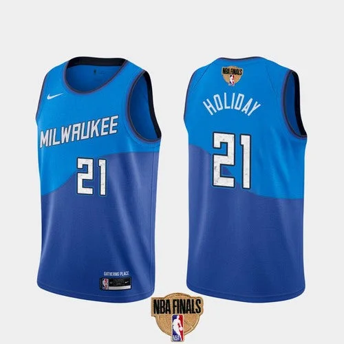 Basketball Jersey Streetwear-Men's Milwaukee Bucks #21 Jrue Holiday 2021 Finals Blue City Edition Stitched Basketball Jersey