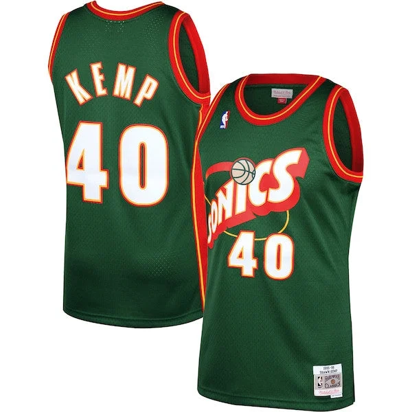 Basketball Jersey For Outdoor Courts-Mitchell And Ness Thunder #40 Shawn Kemp Green SuperSonics Stitched Basketball Jersey